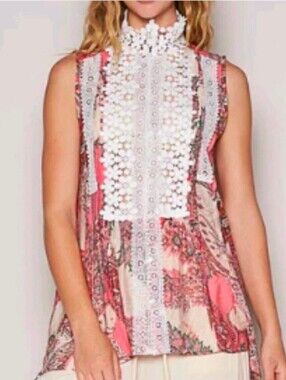 NWOT POL Floral Sleeveless Boho Crochet Mock Neck Blouse Sz S Flowy Cottagecore